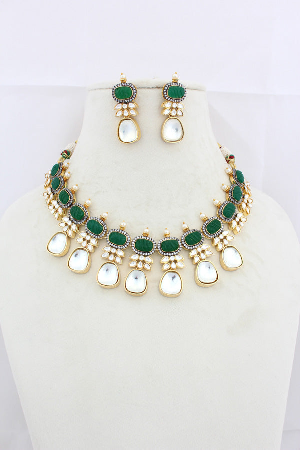 Green Necklace In Kundan With Earrings And Tikka (IGNK007)