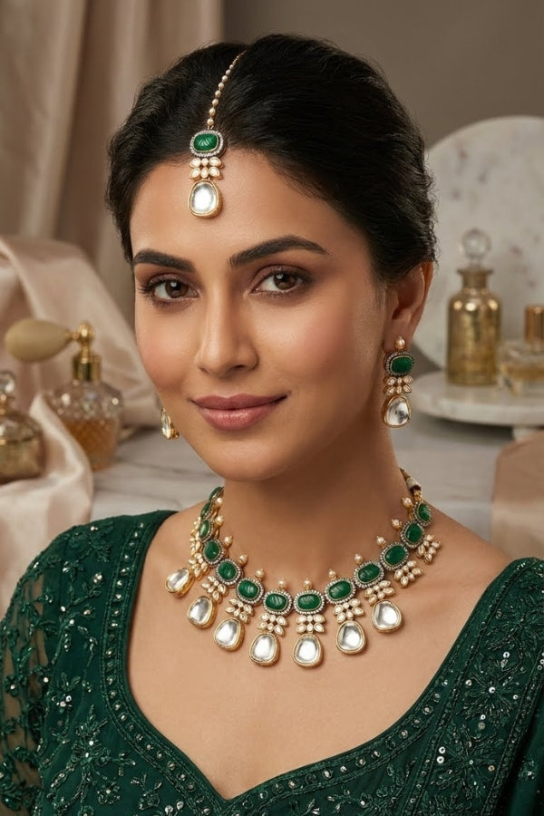 Green Necklace In Kundan With Earrings And Tikka (IGNK007)