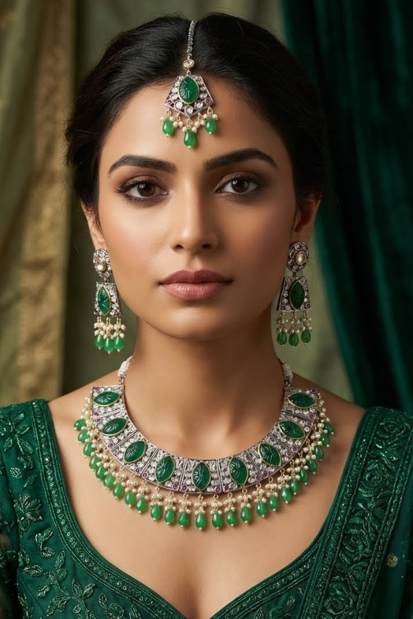 Green Silver Polish Kundan Necklace Set With Earrings And Tikka(IGNK010)
