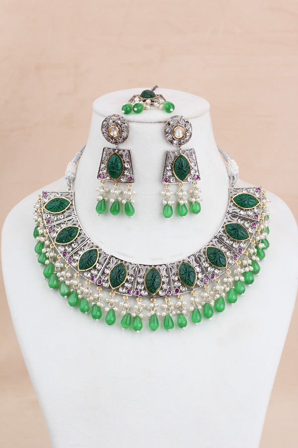 Green Silver Polish Kundan Necklace Set With Earrings And Tikka(IGNK010)