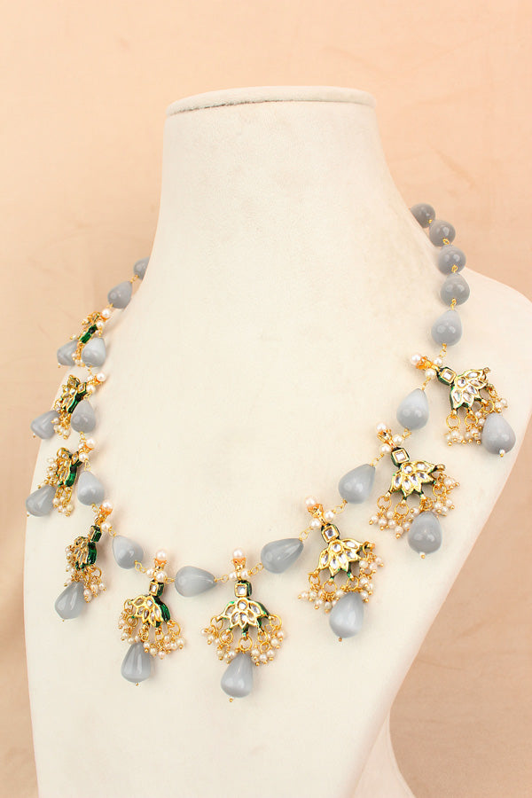Grey Colour Cat Eye Pearls With A Shiny Finish And Kundan Look Pendants Attached (MA007-GY)