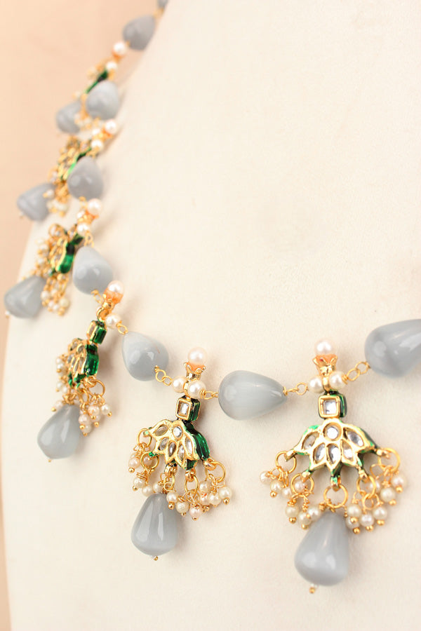 Grey Colour Cat Eye Pearls With A Shiny Finish And Kundan Look Pendants Attached (MA007-GY)