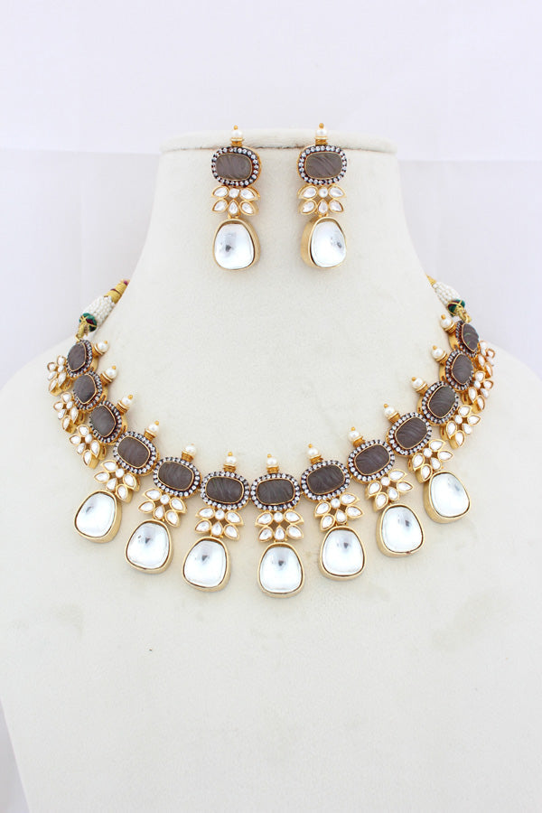 Grey Necklace In Kundan With Earrings And Tikka (IGNK007)