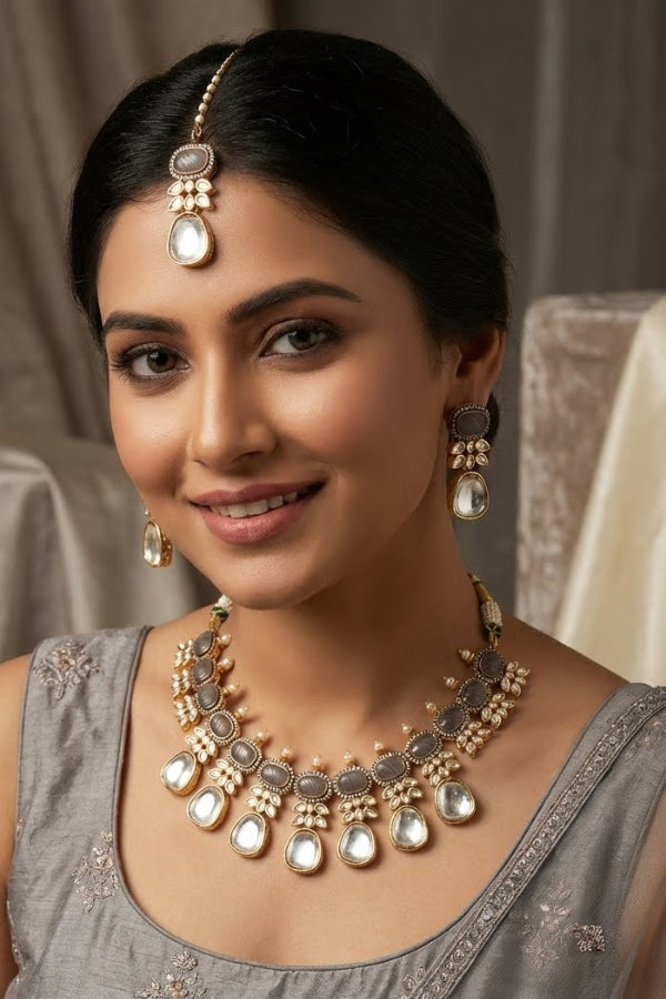 Grey Necklace In Kundan With Earrings And Tikka (IGNK007)
