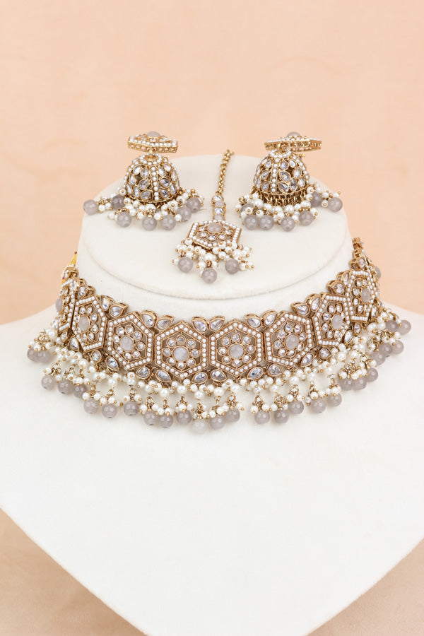 Grey Heavy Look Choker With Small Details And With Jhumka Earrings And Tikka  (CS016-GY-Polki)