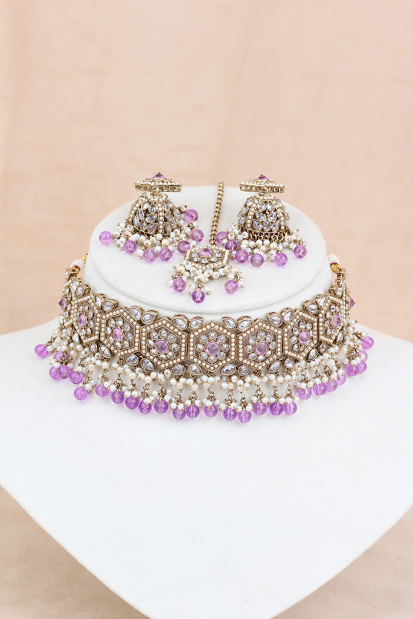 Lavender Heavy Look Choker With Small Details And With Jhumka Earrings And Tikka  (CS016-LAV-Polki)