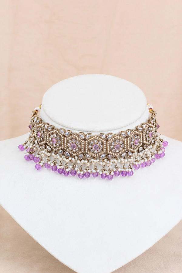 Lavender Heavy Look Choker With Small Details And With Jhumka Earrings And Tikka  (CS016-LAV-Polki)