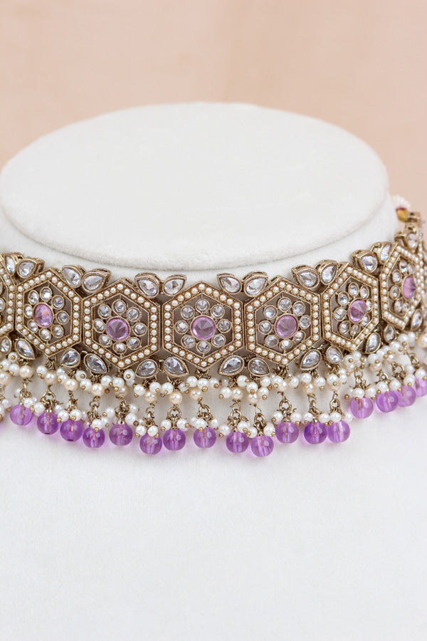 Lavender Heavy Look Choker With Small Details And With Jhumka Earrings And Tikka  (CS016-LAV-Polki)