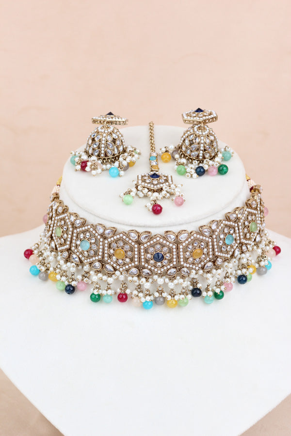 Multi Color Heavy Look Choker With Small Details And With Jhumka Earrings And Tikka  (CS016-MU-Polki)
