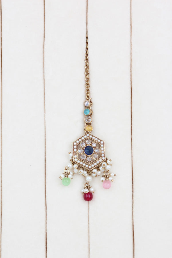 Multi Color Heavy Look Choker With Small Details And With Jhumka Earrings And Tikka  (CS016-MU-Polki)