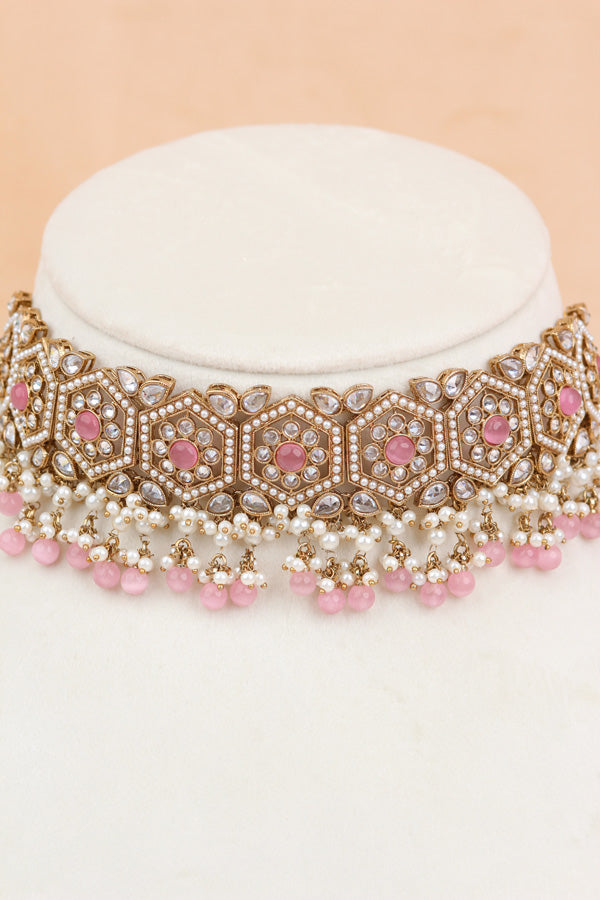Pink Heavy Look Choker With Small Details And With Jhumka Earrings And Tikka  (CS016-P-Polki)