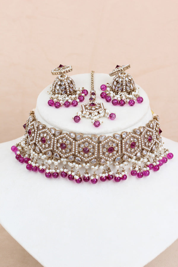 Purple Heavy Look Choker With Small Details And With Jhumka Earrings And Tikka  (CS016-PU-Polki)