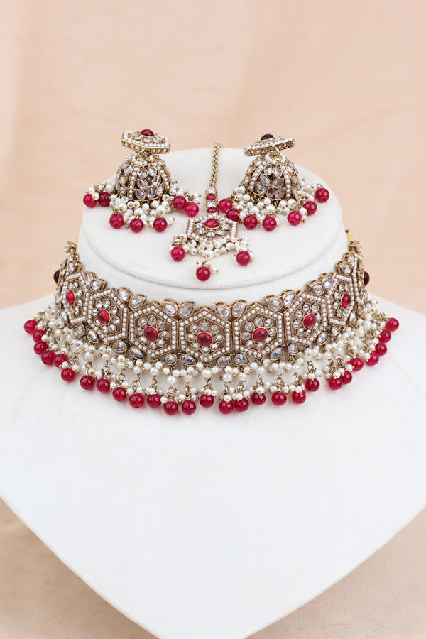 Ruby Red Heavy Look Choker With Small Details And With Jhumka Earrings And Tikka  (CS016-RU-Polki)