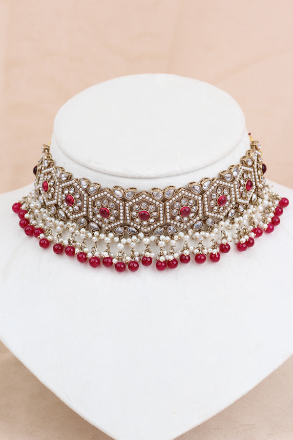 Ruby Red Heavy Look Choker With Small Details And With Jhumka Earrings And Tikka  (CS016-RU-Polki)