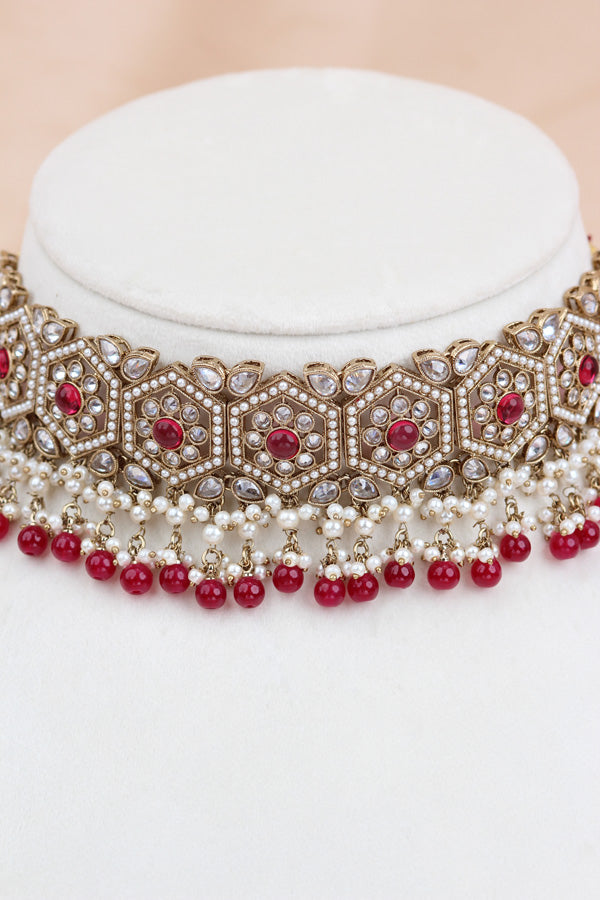 Ruby Red Heavy Look Choker With Small Details And With Jhumka Earrings And Tikka  (CS016-RU-Polki)