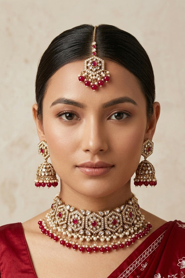 Ruby Red Heavy Look Choker With Small Details And With Jhumka Earrings And Tikka  (CS016-RU-Polki)