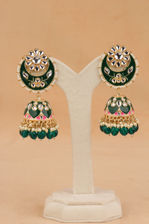 Heavy Look Fashionable Jhumka Earrings In Green Colour And Pearls Attached (JH003-G-B1)