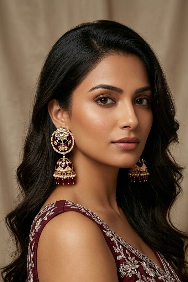 Heavy Look Fashionable Jhumka Earrings In Maroon Colour And Pearls Attached
