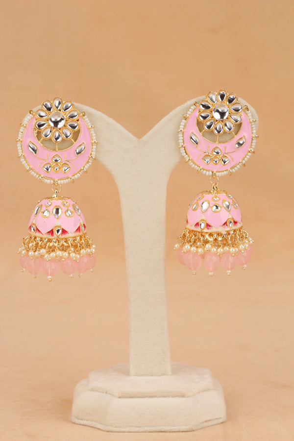 Heavy Look Fashionable Jhumka Earrings In Pink Colour And Pearls Attached (JH003-P-B1)