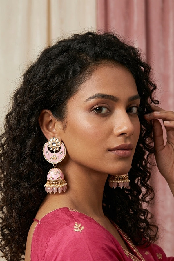Heavy Look Fashionable Jhumka Earrings In Pink Colour And Pearls Attached