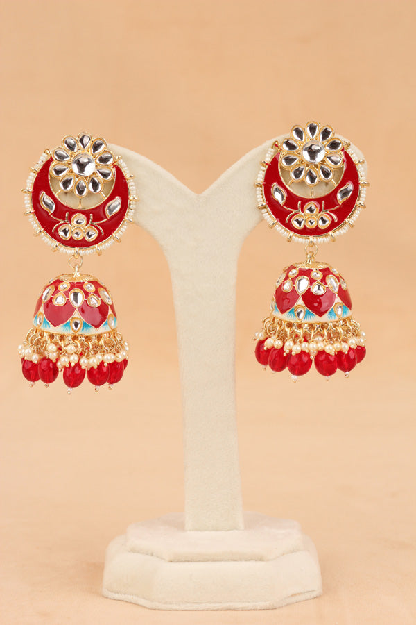 Heavy Look Fashionable Jhumka Earrings In Red Colour And Pearls Attached (JH003-R-B1)