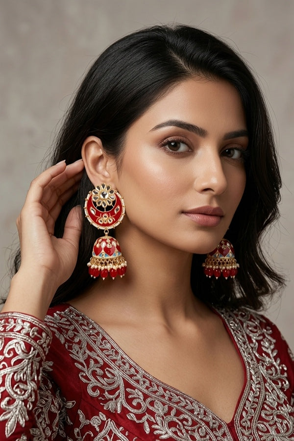 Heavy Look Fashionable Jhumka Earrings In Red Colour And Pearls Attached