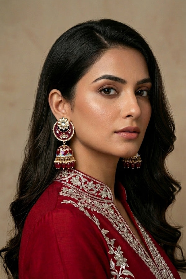 Heavy Look Fashionable Jhumka Earrings In Ruby Colour And Pearls Attached