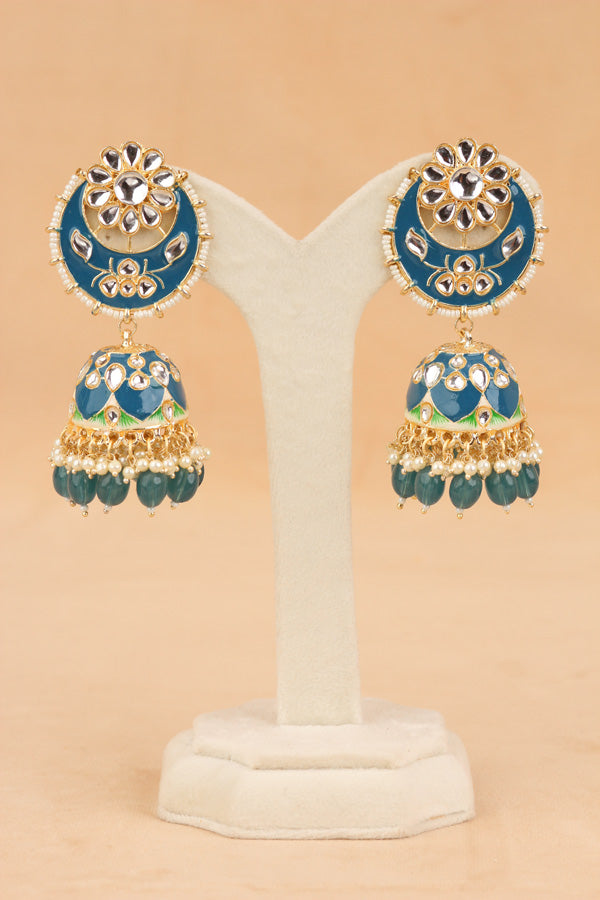 Heavy Look Fashionable Jhumka Earrings In Turquoise Blue Colour And Pearls Attached (JH003-TB-B1)