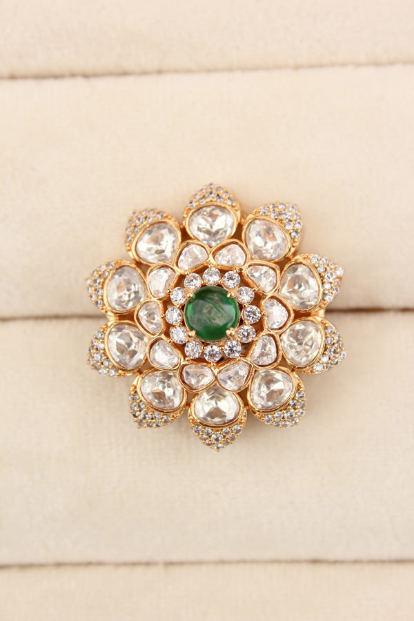 High End Quality Kundan Ring With Flower Design And Small American Diamonds Also Green Center Stone Adjustable Ring (KR003-G)