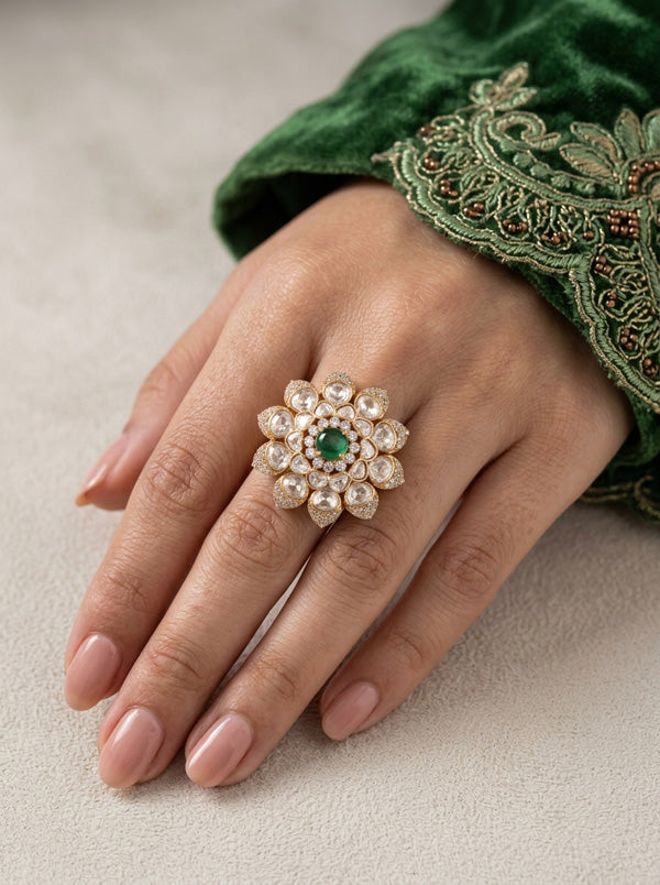 High End Quality Kundan Ring With Flower Design And Small American Diamonds Also Green Center Stone Adjustable Ring (KR003-G)