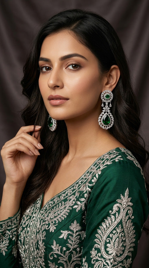 High Quality Earrings With Tear Drop And Green Colour Stone (ADE007-G)