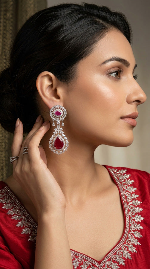 High Quality Earrings With Tear Drop And Red Colour Stone (ADE007-R)