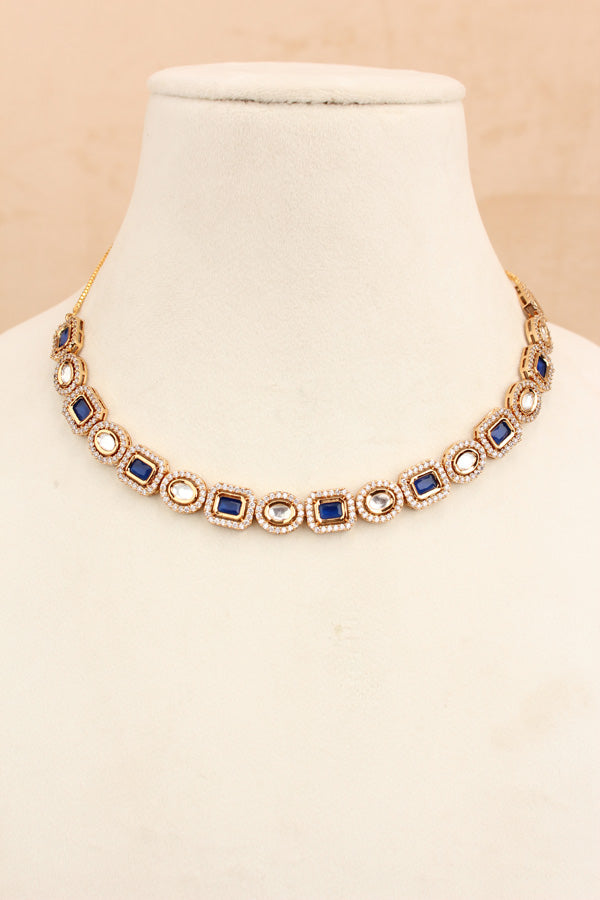 High Quality Kundan In Gold Polish With Blue Stones And Small Earrings (NKS037-GB)