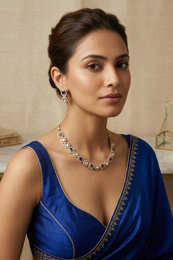 High Quality Kundan In Gold Polish With Blue Stones And Small Earrings (NKS037-GB)