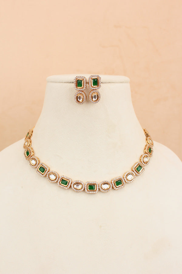 High Quality Kundan In Gold Polish With Green Stones And Small Earrings (NKS037-GG)