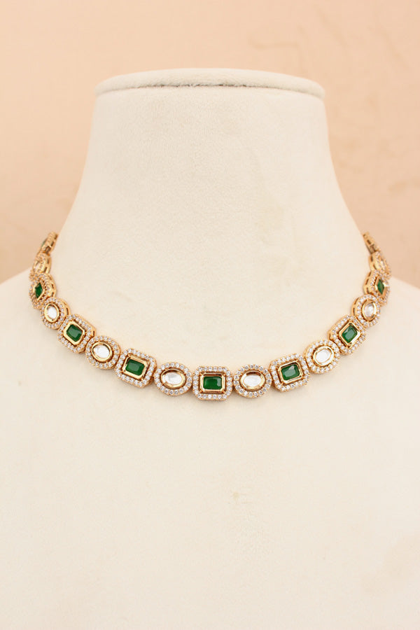 High Quality Kundan In Gold Polish With Green Stones And Small Earrings (NKS037-GG)
