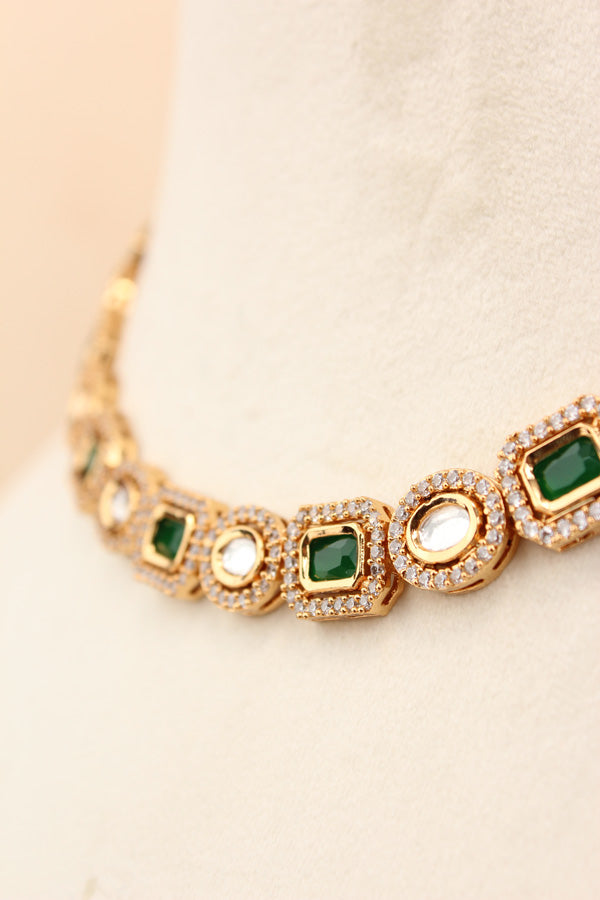 High Quality Kundan In Gold Polish With Green Stones And Small Earrings (NKS037-GG)