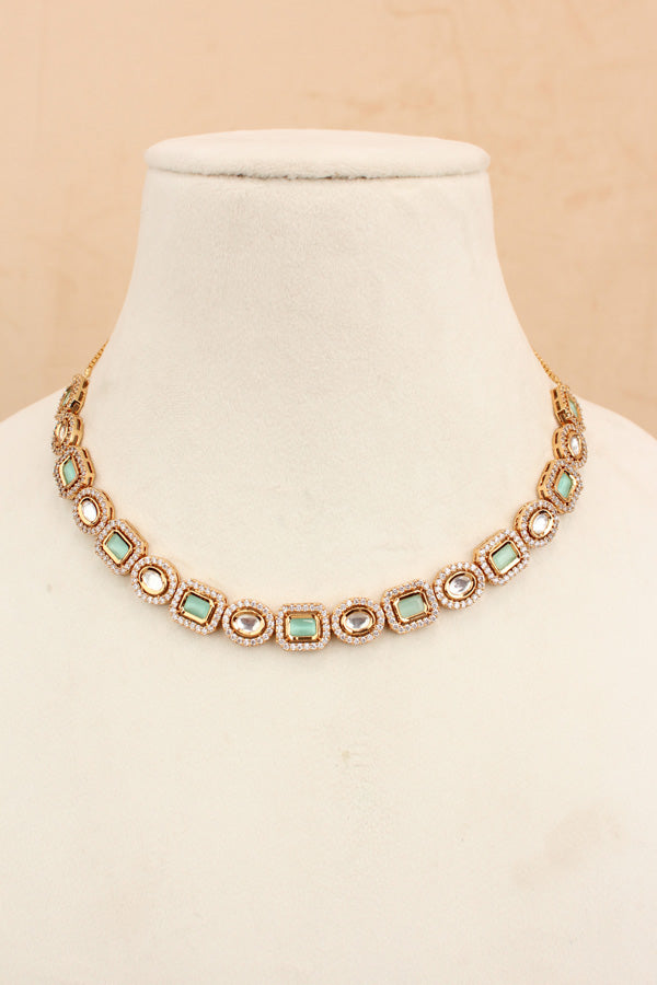 High Quality Kundan In Gold Polish With Mint Green Stones And Small Earrings (NKS037-GM)