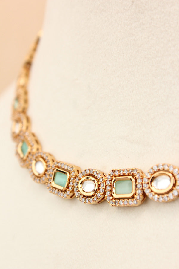 High Quality Kundan In Gold Polish With Mint Green Stones And Small Earrings (NKS037-GM)