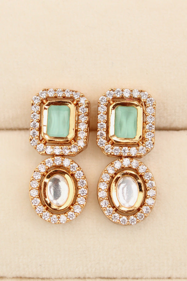High Quality Kundan In Gold Polish With Mint Green Stones And Small Earrings (NKS037-GM)
