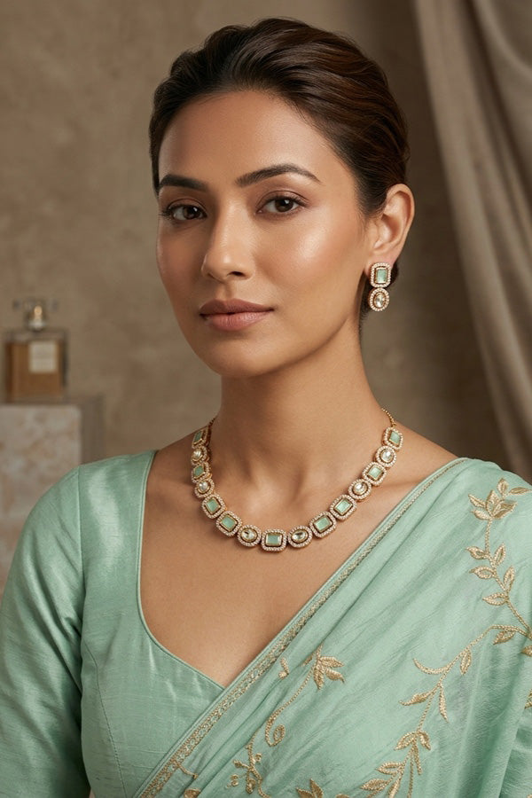 High Quality Kundan In Gold Polish With Mint Green Stones And Small Earrings (NKS037-GM)