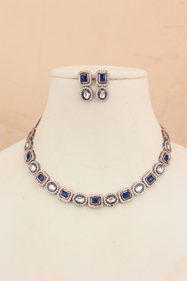 High Quality Kundan In Rosegold And Black Polish With Blue Stones And Small Earrings (NKS037-RB)