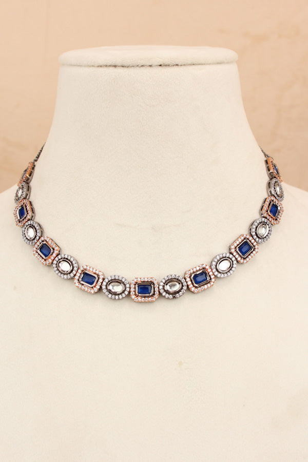 High Quality Kundan In Rosegold And Black Polish With Blue Stones And Small Earrings (NKS037-RB)