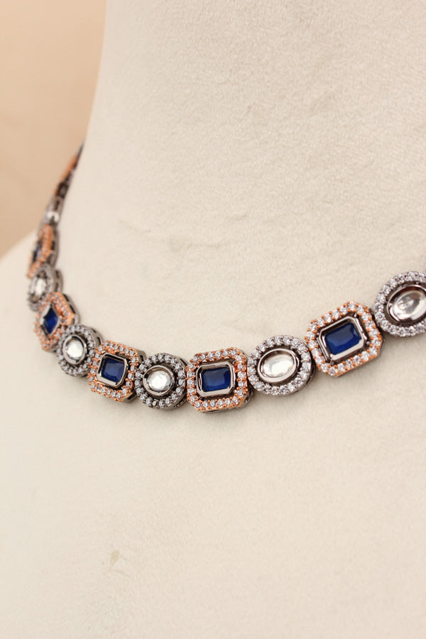 High Quality Kundan In Rosegold And Black Polish With Blue Stones And Small Earrings (NKS037-RB)