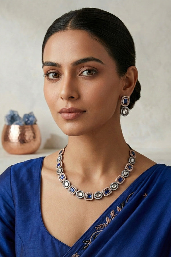 High Quality Kundan In Rosegold And Black Polish With Blue Stones And Small Earrings (NKS037-RB)