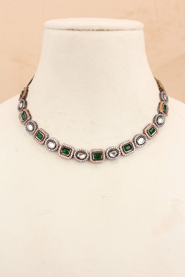 High Quality Kundan In Rosegold And Black Polish With Green Stones And Small Earrings (NKS037-RG)