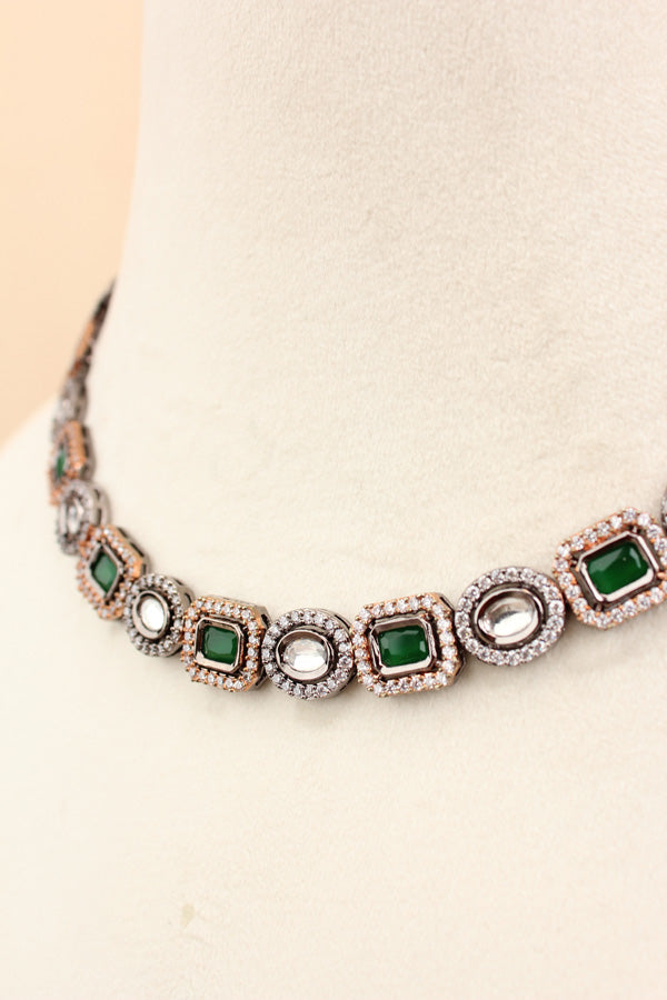 High Quality Kundan In Rosegold And Black Polish With Green Stones And Small Earrings (NKS037-RG)