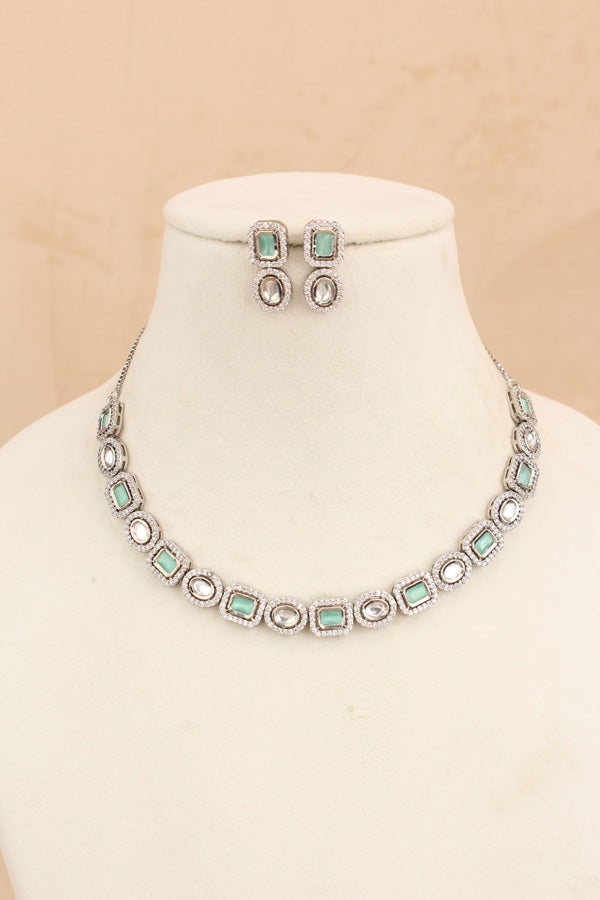 High Quality Kundan In Silver Polish With Mint Green Stones And Small Earrings (NKS037-SM)