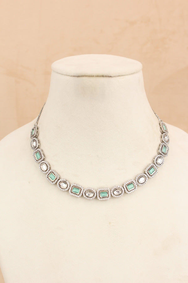 High Quality Kundan In Silver Polish With Mint Green Stones And Small Earrings (NKS037-SM)