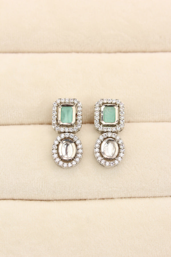 High Quality Kundan In Silver Polish With Mint Green Stones And Small Earrings (NKS037-SM)